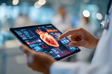 Medical professional analyzes heart data on tablet while wearing a white coat in a clinical setting