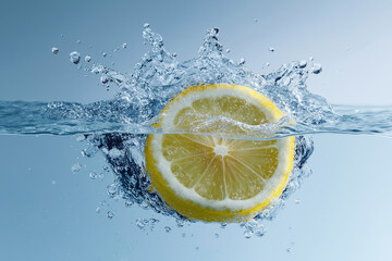 Lemon slice splash in clear water