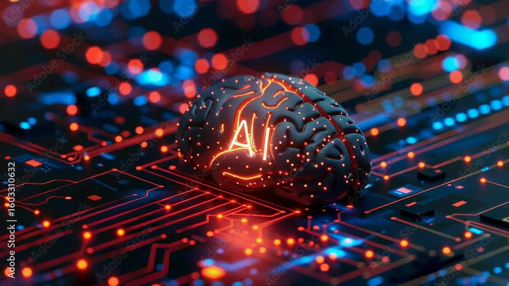 Poster a brain with the letters ai on it. the brain is surrounded by a circuit board. concept of artificial