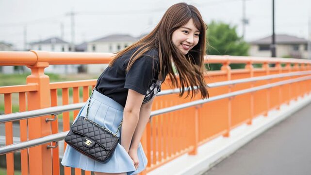 橋の上で風に吹かれスカートを押さえる若い女性