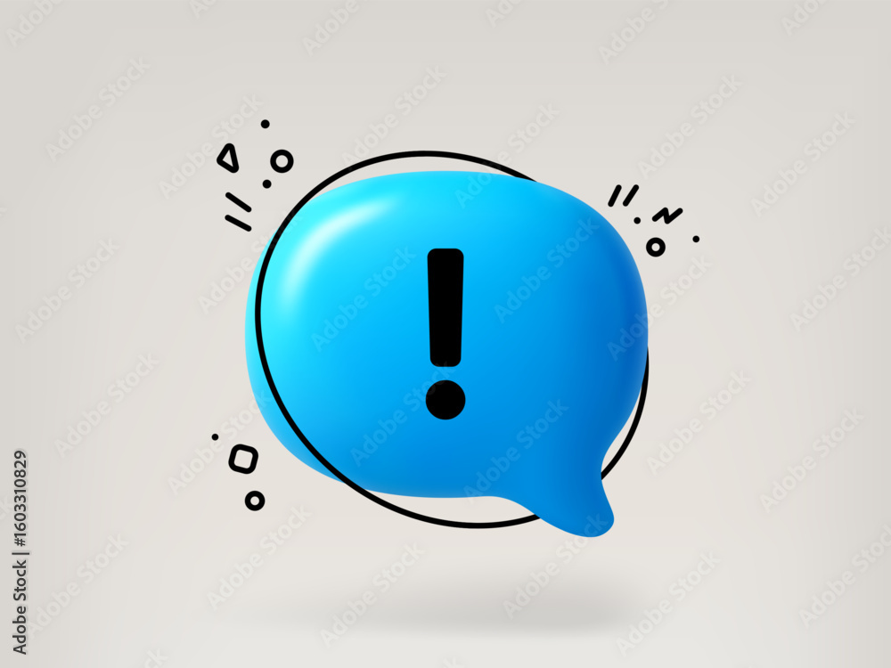 Poster blue 3d speech bubble with an exclamation mark. important message or warning sign. minimalistic desi