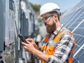 A worker wearing a hard hat and safety vest is inspecting electrical panels near solar panels. They are using a handheld device, emphasizing renewable energy and safety protocols in modern energy solu