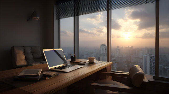 Modern office interior overlooking city at sunset with laptop and coffee