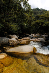 Río de montaña con aguas claras y rocas lisas, enmarcado por densa selva tropical. Paisaje...