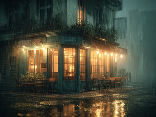 Obraz premium A cozy corner café glows warmly against a dark, rainy night. Golden lights illuminate the misty street, casting reflections on the wet pavement. The inviting atmosphere contrasts with the quiet city 