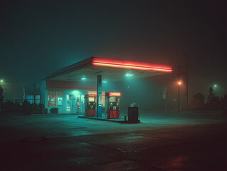 A lonely gas station stands under a glowing red neon roof on a foggy night. The empty forecourt is illuminated by soft, eerie lights, creating a quiet, mysterious, cinematic atmosphere.
