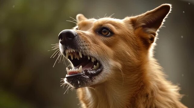 A dog with its mouth open and teeth bared. The dog is angry and ready to bite