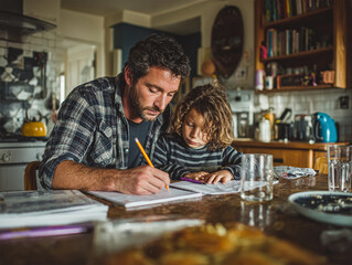 A parent and child sit together at a cozy kitchen table, focused on homework and learning. The warm, inviting atmosphere highlights the bond as they share time and educational moments at home.