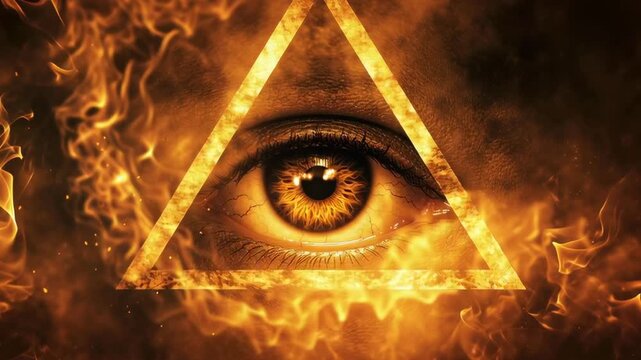 A triangle is drawn over an eye, with the triangle's base being the eye's pupil. The triangle is surrounded by flames, giving the image a fiery and mysterious atmosphere