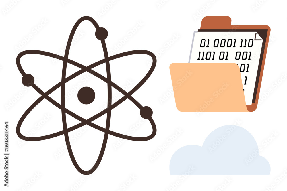 Poster atomic orbit, file folder with binary data, and cloud connection. ideal for science, data storage, t
