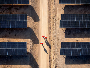 Two workers in orange vests walk along a dirt path between large rows of solar panels on a sunny day. The aerial view shows clean energy technology and solar farm operations in action.