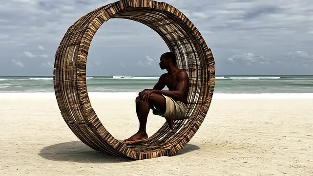 Contemplative Man Relaxing in Artistic Circular Beach Seat with Ocean View