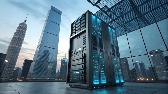Modern Server Tower in Cityscape