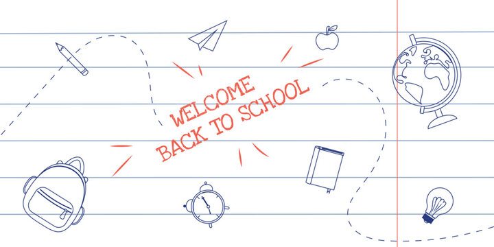 Welcome Back to school banner with hand-drawn school supplies on line paper background. Vector illustration with red text and outlined education elements