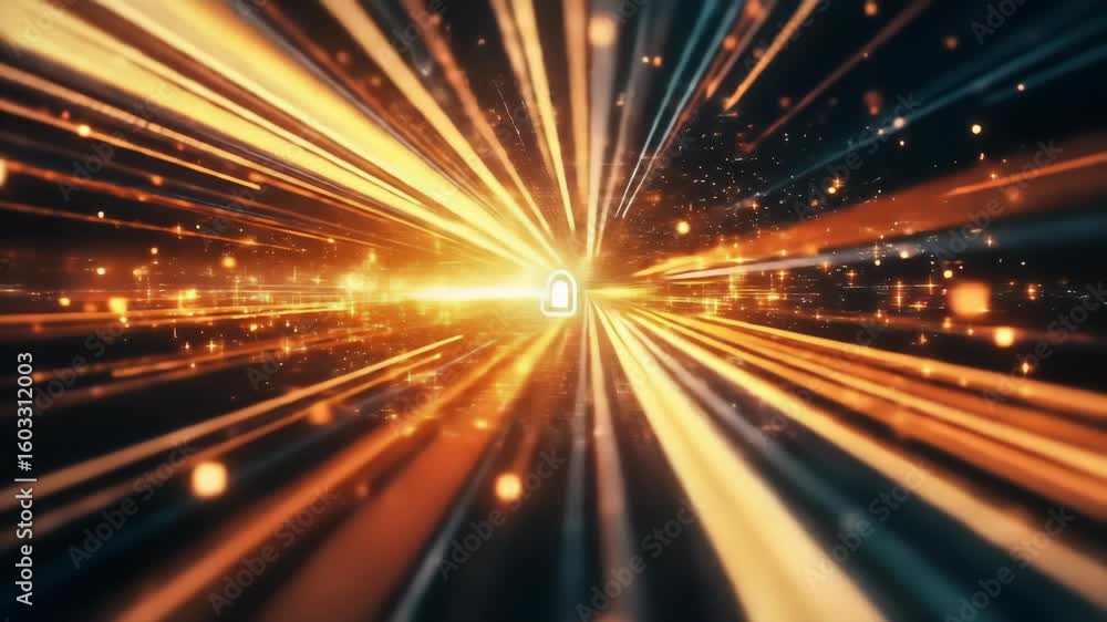 Poster abstract data stream animation with glowing light lines converging towards a central lock icon in th