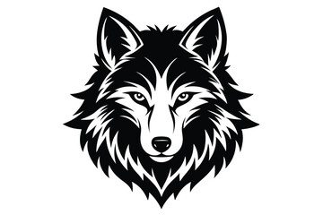 Black and White Wolf Head Illustration with Detailed Fur Texture and Piercing Eyes
