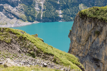 Lake Oeschinen in Switzerland, beautiful swiss mountain lake 