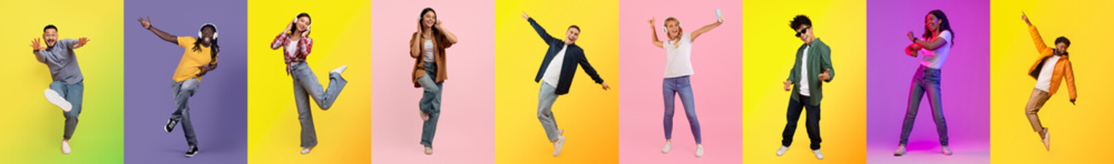 A vibrant collage showcasing a diverse group of people expressing joy through dance and playful poses. The colorful background enhances the sense of fun and togetherness among all participants.