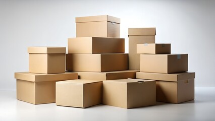 Stack of cardboard boxes for moving shipping or storage against a plain white background