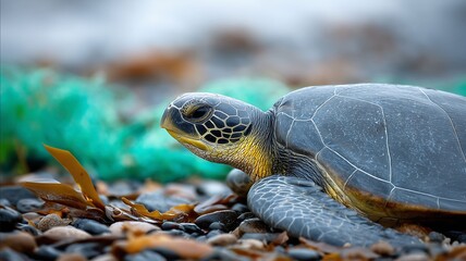 Fototapeta premium Sea turtle on sandy beach with textured shell emphasizing marine life awareness