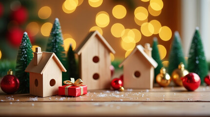 Obraz premium Wooden Christmas miniature houses with festive lights, ornaments, trees and snow on rustic background