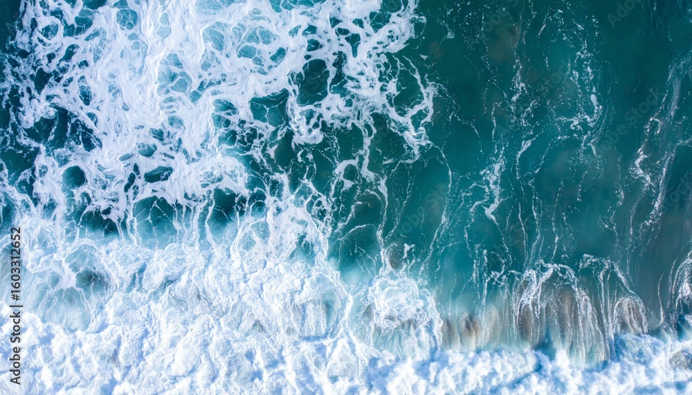 Poster aerial view of azure ocean waves splashing and crashing with white foam