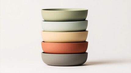 Obraz premium Stack of Bowls: A curated display of uniquely hued bowls, each a testament to minimalist design, stacked high against a neutral backdrop, exuding warmth and simplicity.