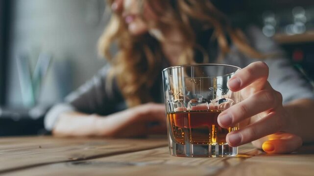 A woman is sitting at a table with a glass of alcohol in front of her. She is in a state of distress or sadness