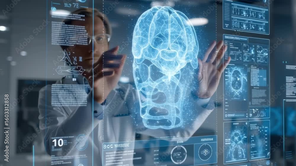 Poster a doctor is pointing at a brain scan on a computer screen. the image is in blue and the doctor is we