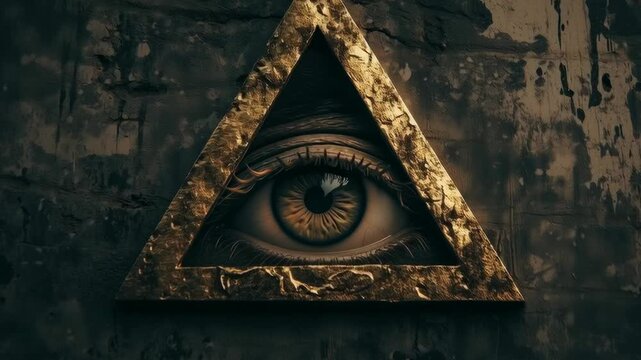 A triangle with an eye in the middle of it. The triangle is gold and the eye is brown