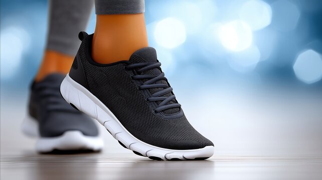 Focus on a man's prosthetic leg in blue sporty sneakers while engaging in running on a serene path surrounded by nature - Powered by Adobe