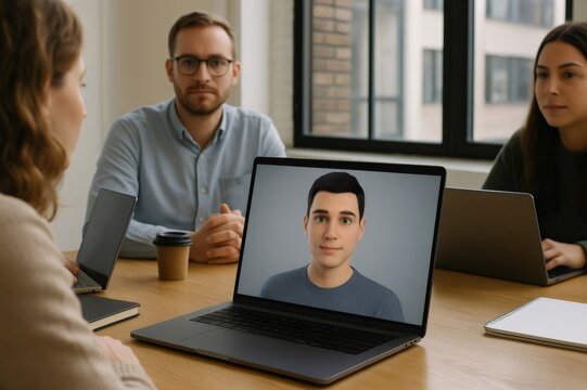 Office workers attending online meeting with artificial intelligence digital avatar on computer, discussing project strategy using metaverse technology