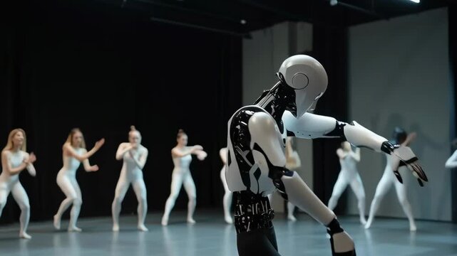A robot is dancing in front of a group of people. The robot is wearing a white outfit and has black arms. The people are also wearing white outfits and are dancing in a line
