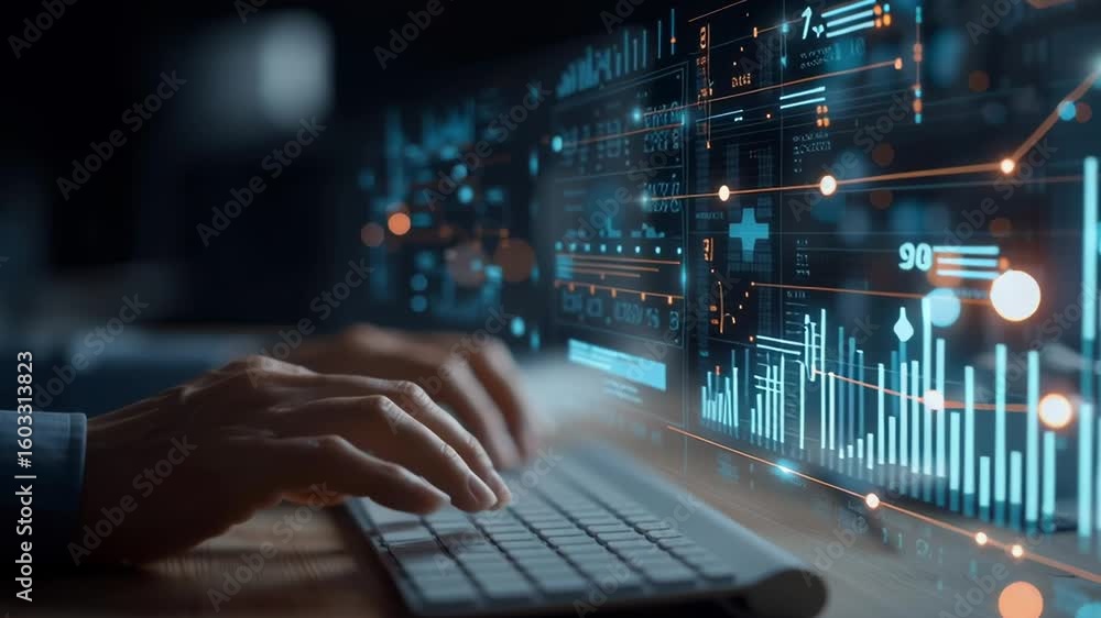 Aufkleber a person is typing on a keyboard in front of a computer monitor displaying a graph. the graph is fil