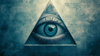 A blue eye is reflected in a triangle. The triangle is a symbol of mystery and the eye represents the unknown. The image is meant to evoke a sense of curiosity and wonder about the world around us