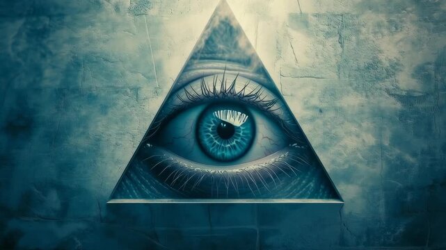 A blue eye is reflected in a triangle. The triangle is a symbol of mystery and the eye represents the unknown. The image is meant to evoke a sense of curiosity and wonder about the world around us