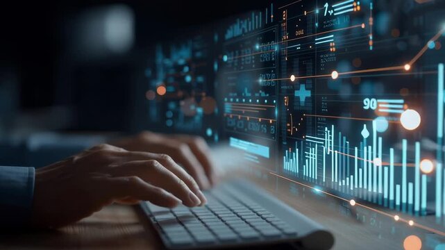 A person is typing on a keyboard in front of a computer monitor displaying a graph. The graph is filled with lines and numbers, and the person's hand is hovering over the keyboard