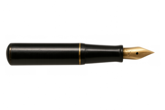 Classic black fountain pen with gold nib, isolated on transparent background, perfect for writing projects