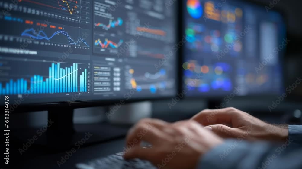 Aufkleber a person is typing on a computer with two monitors displaying financial data. the person appears to 