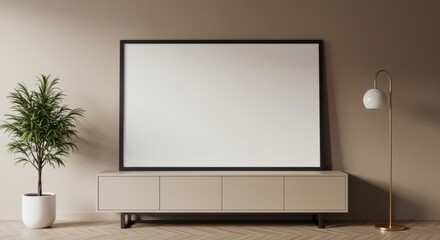 Minimalist Living Room: A sleek, contemporary interior presents an empty frame on a wooden cabinet. Complemented by a potted plant and a stylish lamp.