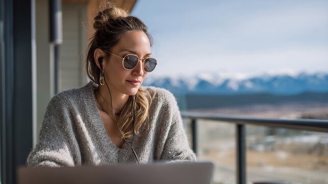Woman working remotely on laptop with mountain view from balcony in sunshine