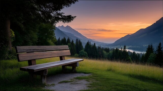 Serene mountain vista with wooden bench at sunset mountains rolling hills - Powered by Adobe