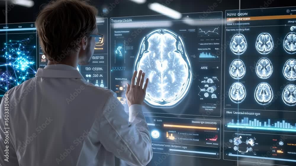 Poster a man is looking at a computer screen with three monitors displaying different images. the man is we
