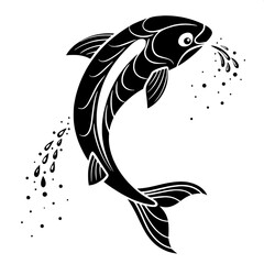 A black silhouette of a leaping fish with water droplets trailing behind it. The fish is shown in a graceful upward arc, slightly angled to the right. Its shape is streamlined and elegant, set against
