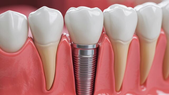 A tooth with a silver screw in it. The tooth is missing a piece and the screw is being used to replace it