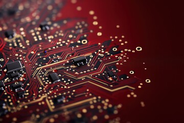 Obraz premium abstract dark red circuit board with golden data paths and black microchips