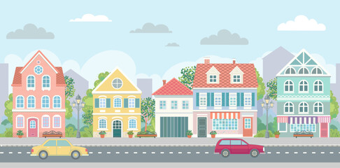 European city street cityscape Panoramic view background architecture town scenery apartment building urban houses  school stores shops benches sidewalk cars road skyscrapers Outdoor Europe panorama.