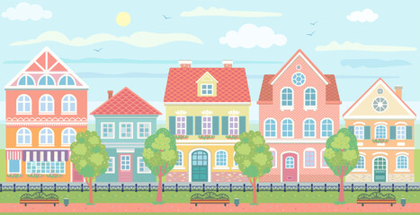 European city Park street cityscape Panoramic view background with green trees bush architecture old town scenery houses school stores shops benches trees bushes sidewalk cars road Outdoor panorama