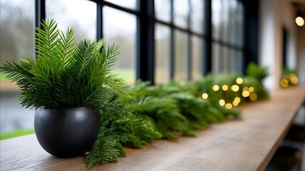 This image depicts a beautifully designed black planter showcasing lush green foliage, set tastefully on a dark wood patio amidst a backdrop of vivid greenery.