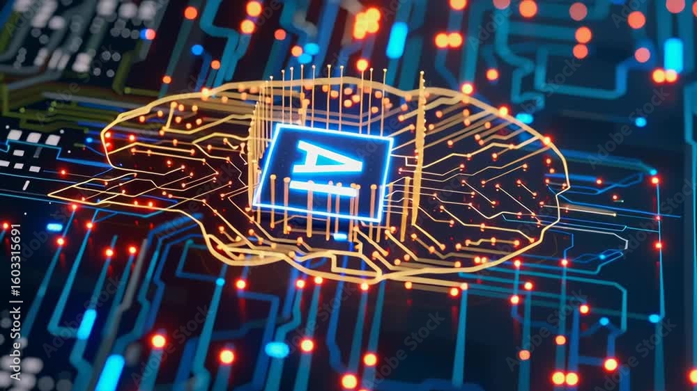 Poster a computer chip with the letters ai on it. the chip is surrounded by a lot of wires and circuits
